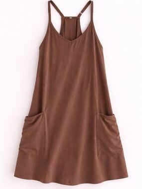 Mocha Brown Swing Dress Womens Medium Boho Casual Racerback Pocket Mini Dress